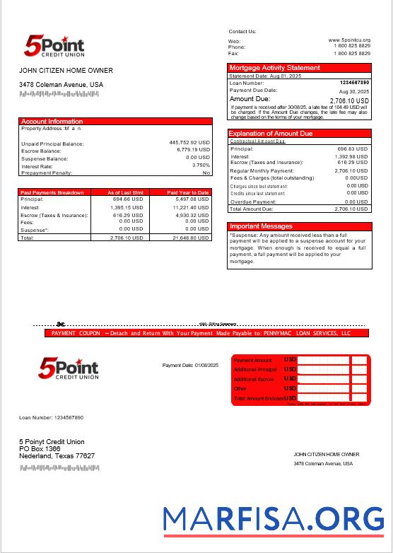 Printable USA Texas 5Point Credit Union bank mortgage statement in Word and PDF formats template